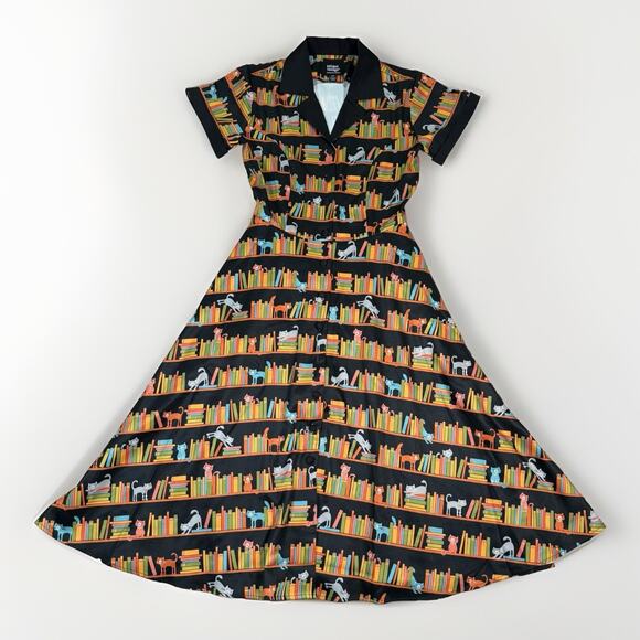 Unique Vintage Cat & Bookshelf Print Alexis Swing Dress Size Small 4 Retro 1950s - Picture 1 of 10
